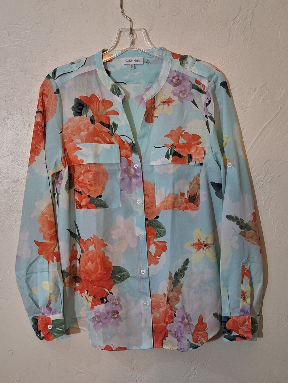 Calvin Klein Garden Floral Print Women's Size Sm Poly Banded Collar Blouse Cuffs